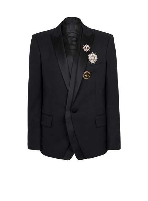 Balmain Wool Blazer With Embroidered Badges And Satin Collar Black | TBIPVQU-01