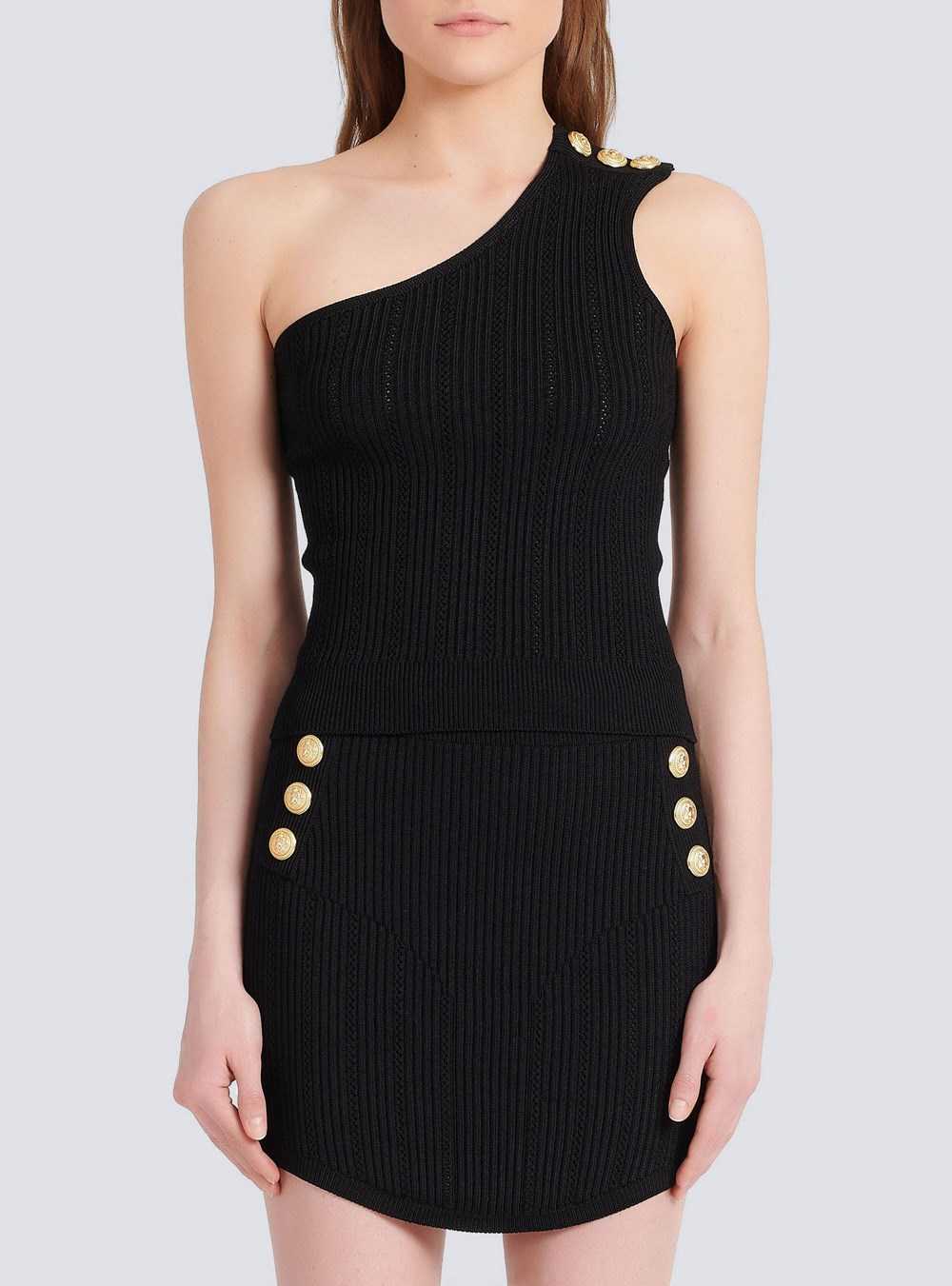 Balmain Asymmetrical Eco-designed Knit Crop Top Black | JFWQSIM-79