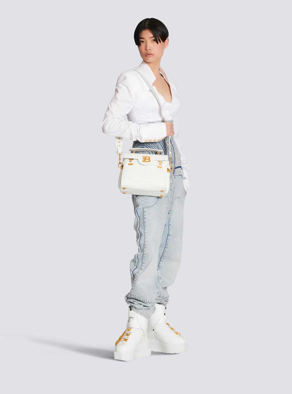 Balmain B-buzz 23 Bag In Crocodile-embossed Leather White | LNIWKYM-18