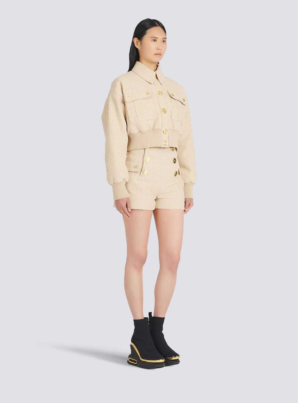 Balmain Balmain Monogram Jacquard Bomber Jacket Beige | RTWCIMN-06