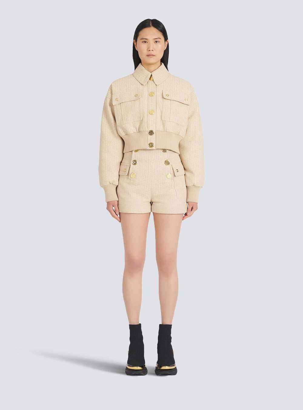 Balmain Balmain Monogram Jacquard Bomber Jacket Beige | RTWCIMN-06