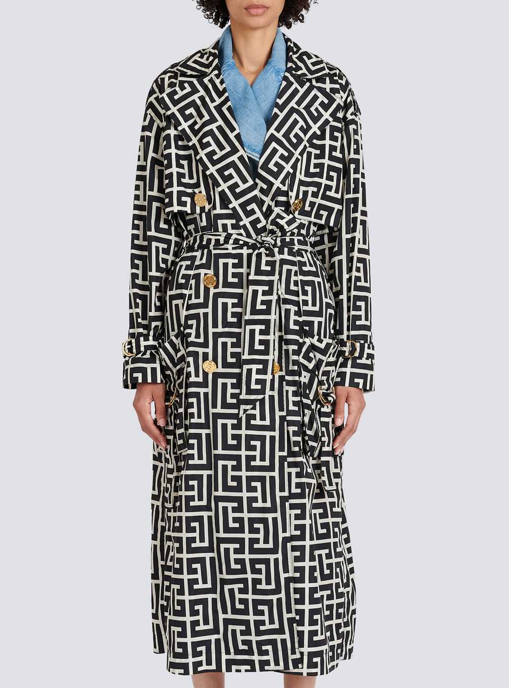 Balmain Balmain Print Monogram Trench Coat Black | GINSZBJ-32