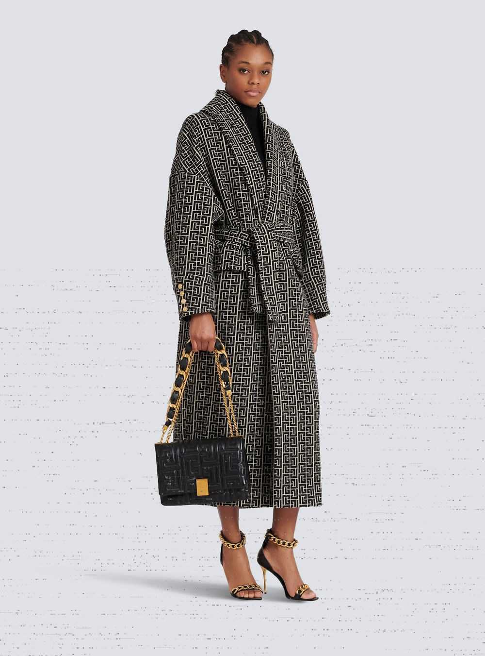 Balmain Balmain Print Monogram Wool Coat Black | GVQLNAY-40