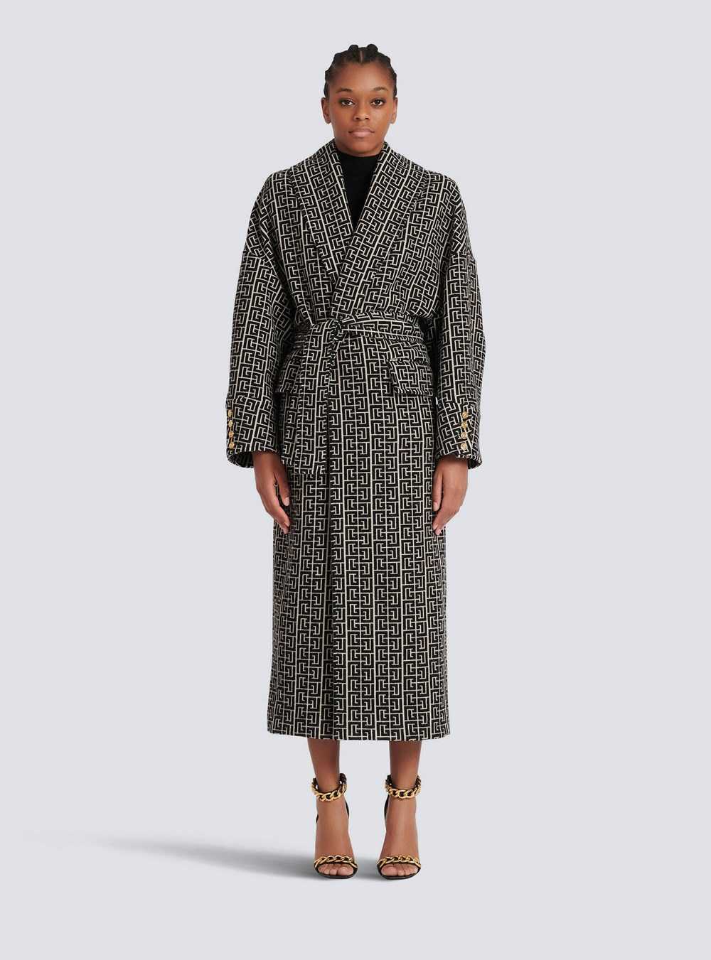 Balmain Balmain Print Monogram Wool Coat Black | GVQLNAY-40