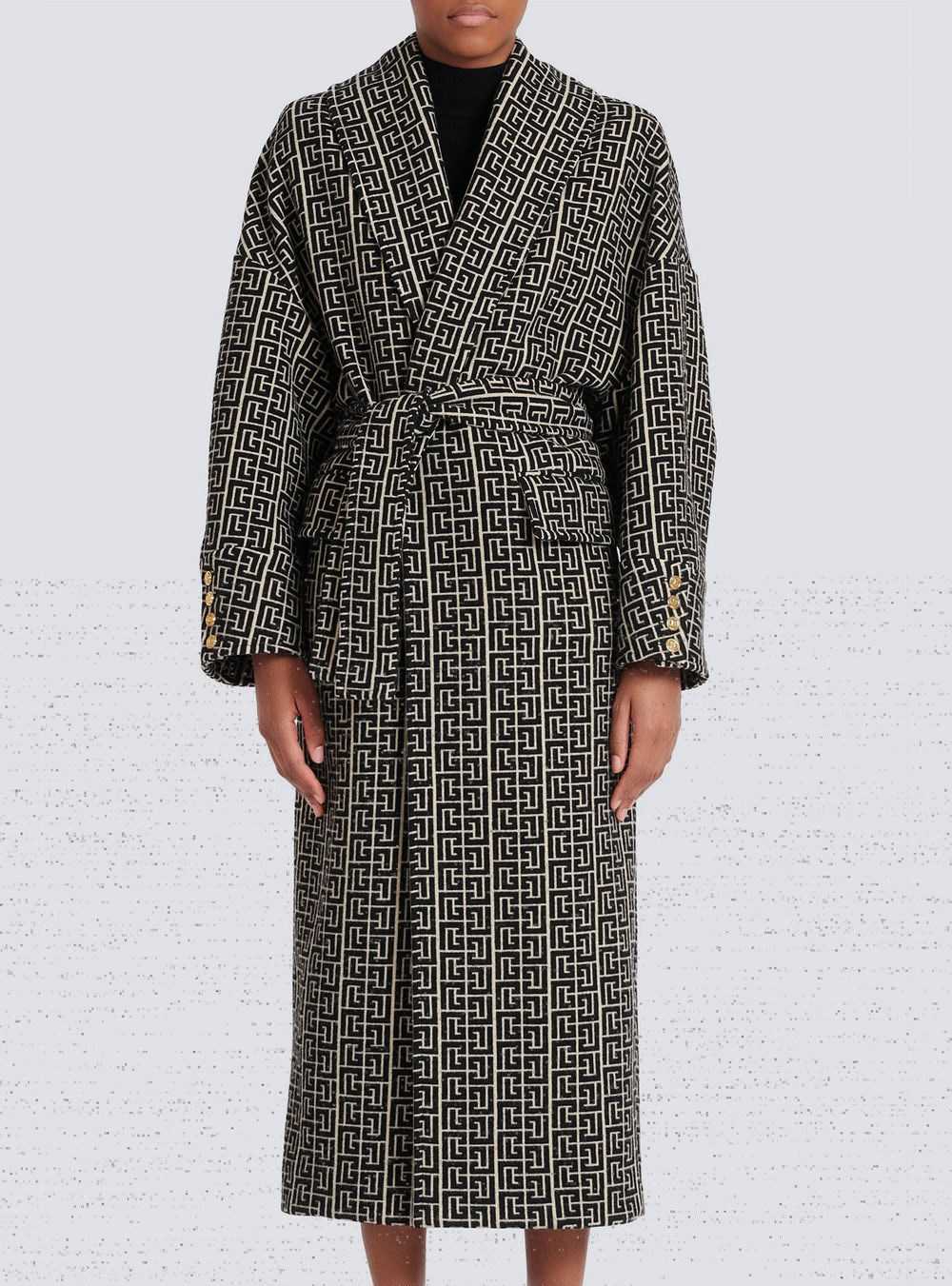 Balmain Balmain Print Monogram Wool Coat Black | GVQLNAY-40