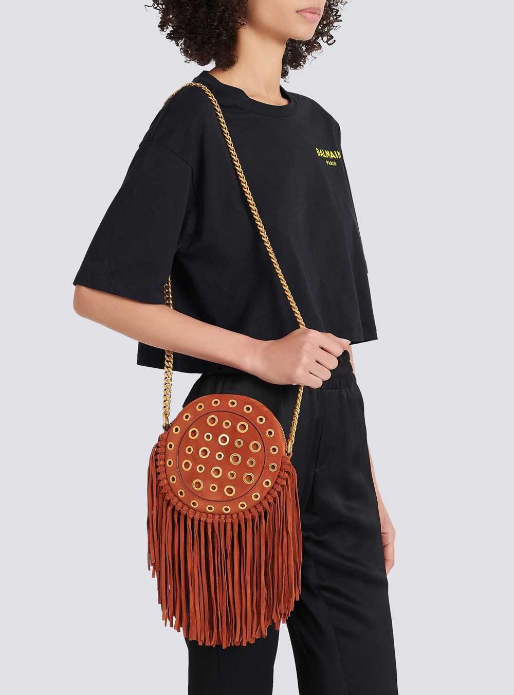 Balmain Balmain X Netflix -fringed Suede Round Disco Bag Brown | MQZKXJN-98