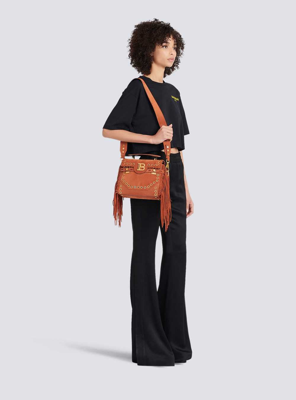 Balmain Balmain X Netflix -fringed Suede B-buzz 23 Bag Brown | TKDZOHC-28