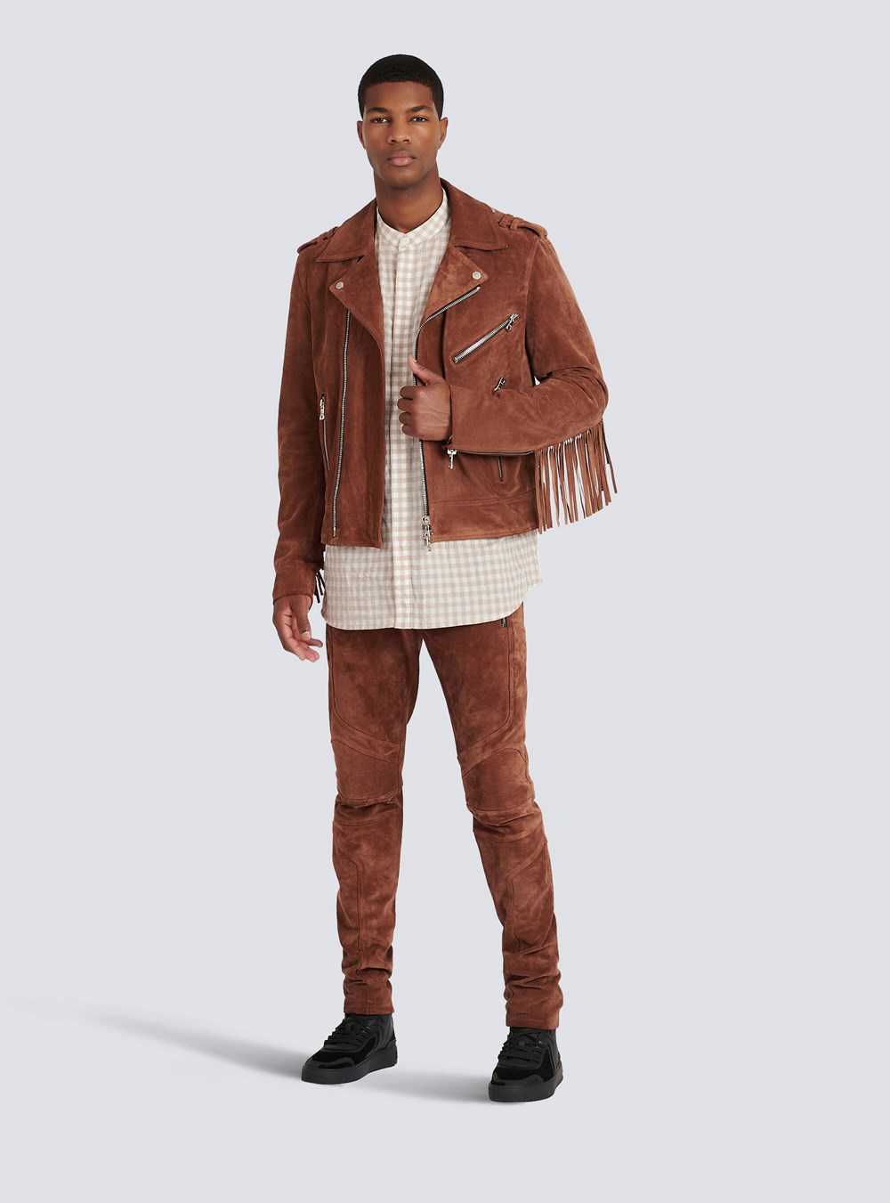 Balmain Balmain X Netflix -suede Biker Jacket Brown | SMLWFIC-76