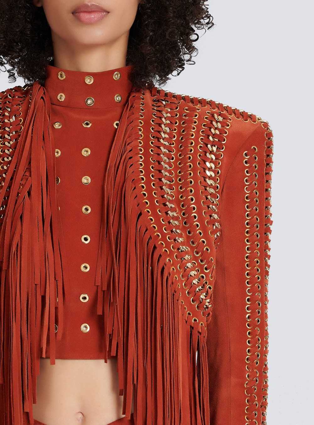 Balmain Balmain X Netflix -suede Cropped Spencer Jacket With Fringe Brown | HPMKNDW-08