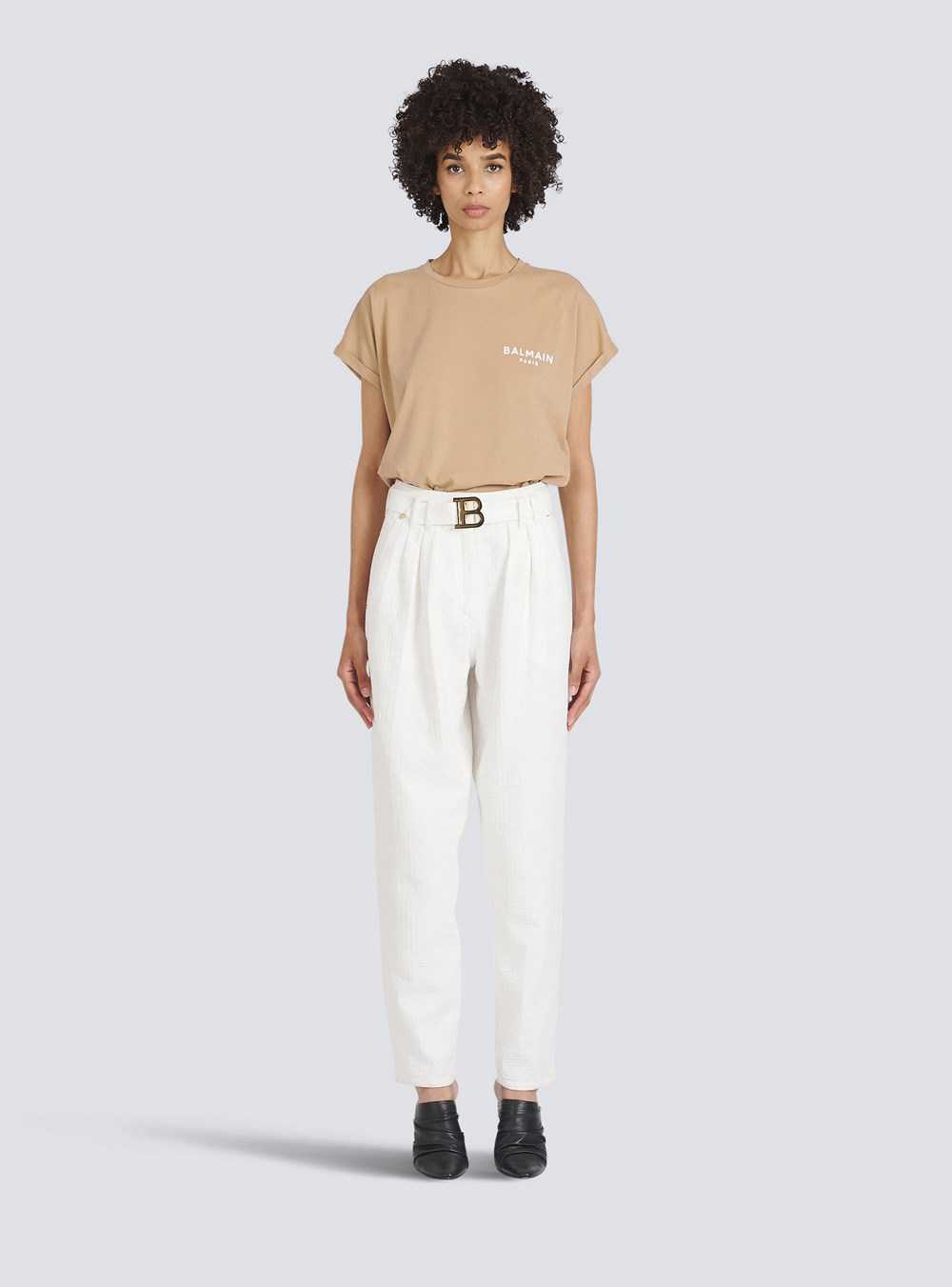 Balmain Boyfriend Cut Jeans With Balmain Buckle Monogram Print White | NIOHVTP-07