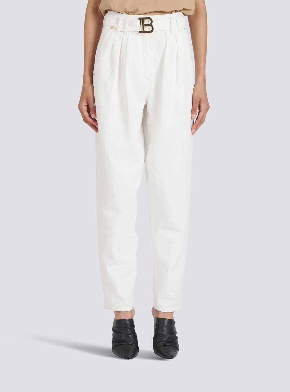 Balmain Boyfriend Cut Jeans With Balmain Buckle Monogram Print White | NIOHVTP-07