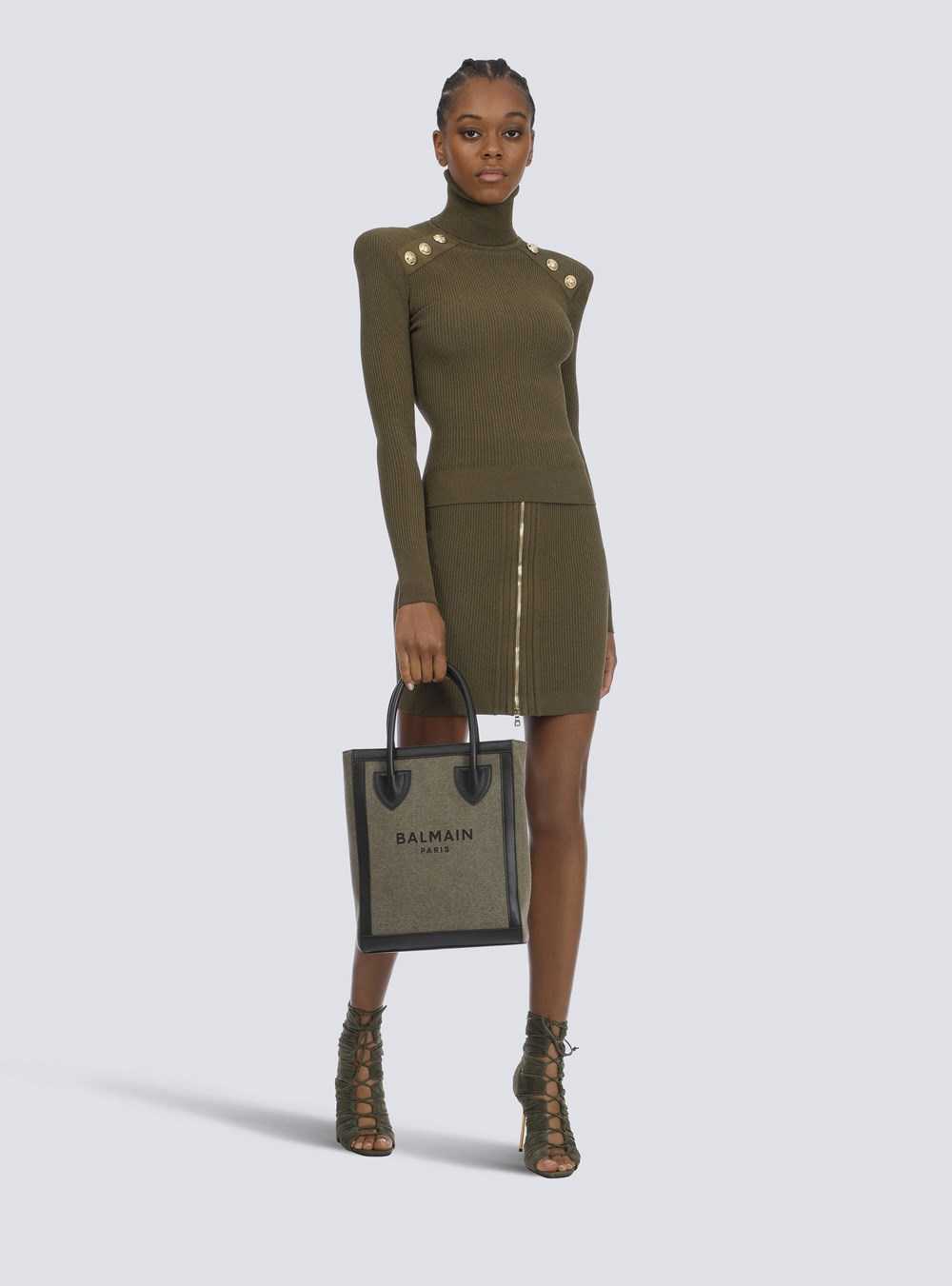 Balmain Canvas B-army 26 Bag With Leather Panels Khaki | XNGAJSD-94