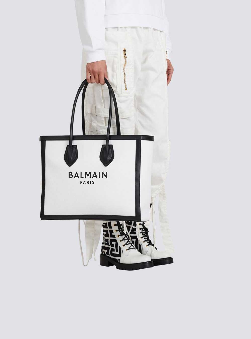 Balmain Canvas B-army 42 Tote Bag With Leather Panels White | EVDJKRO-50