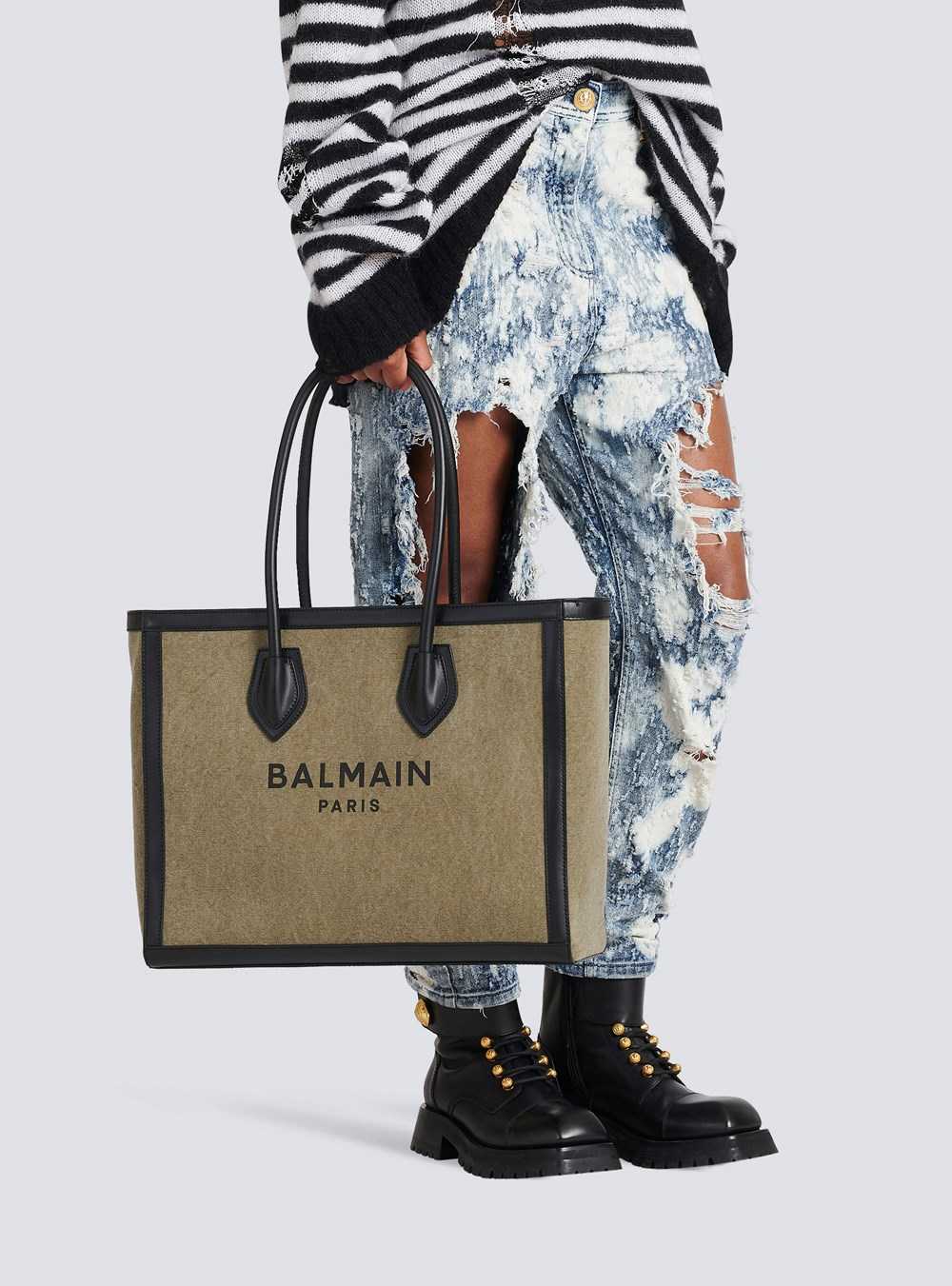 Balmain Canvas B-army 42 Tote With Leather Panels Khaki | YUEMXOA-83