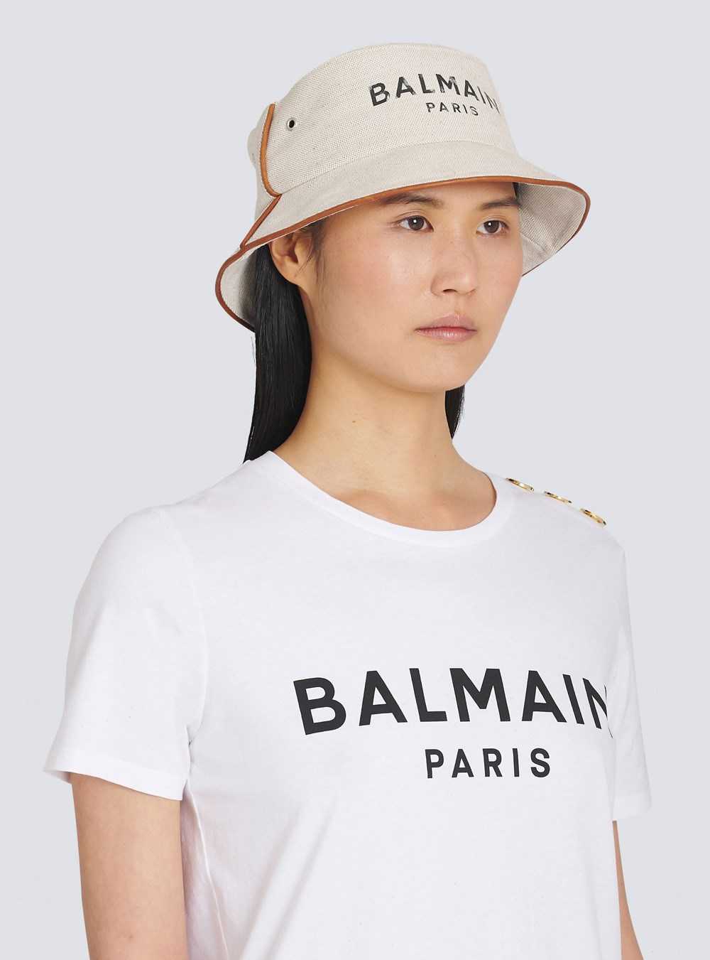 Balmain Cotton And Leather B-army Bucket Hat With Balmain Logo White | MWQKACD-15