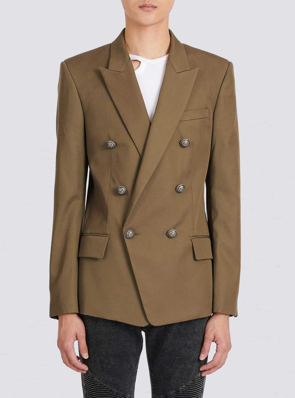 Balmain Cotton Blazer With Double-breasted Silver-tone Buttoned Fastening Khaki | OWTDVXQ-53