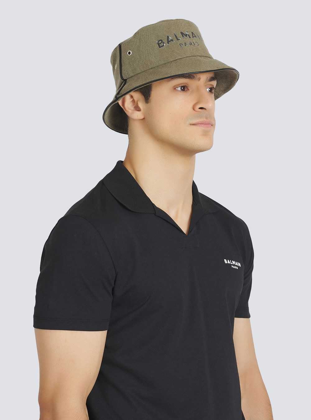 Balmain Cotton Canvas Bucket Hat With Balmain Paris Logo Khaki | BGOFENS-91