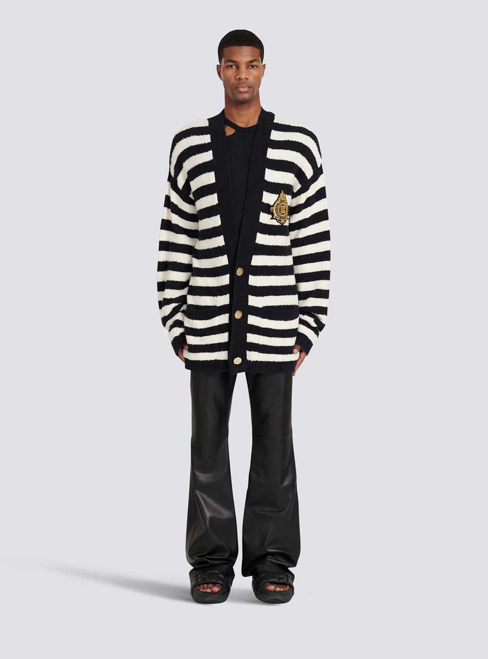 Balmain Cotton Cardigan With Strippes And Balmain Badge Black | WYSJVHO-98