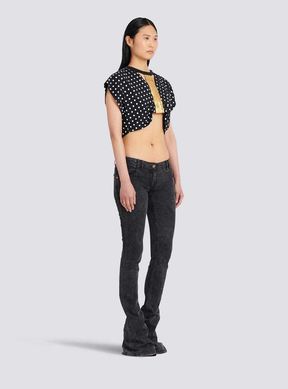 Balmain Cotton Crop Top With Dot Print Black | MSGTIDV-05