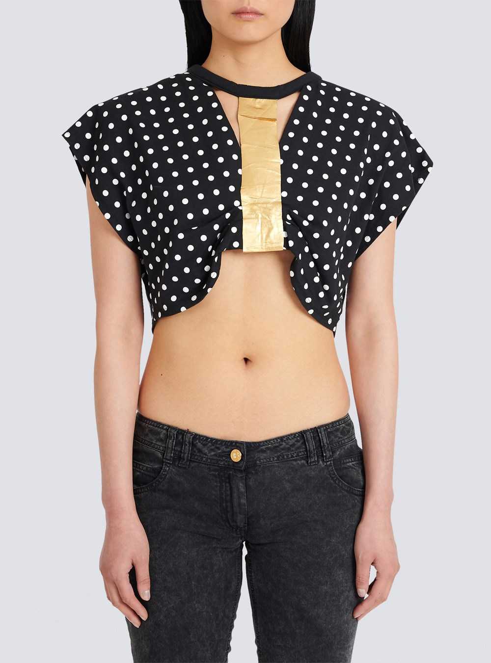 Balmain Cotton Crop Top With Dot Print Black | MSGTIDV-05