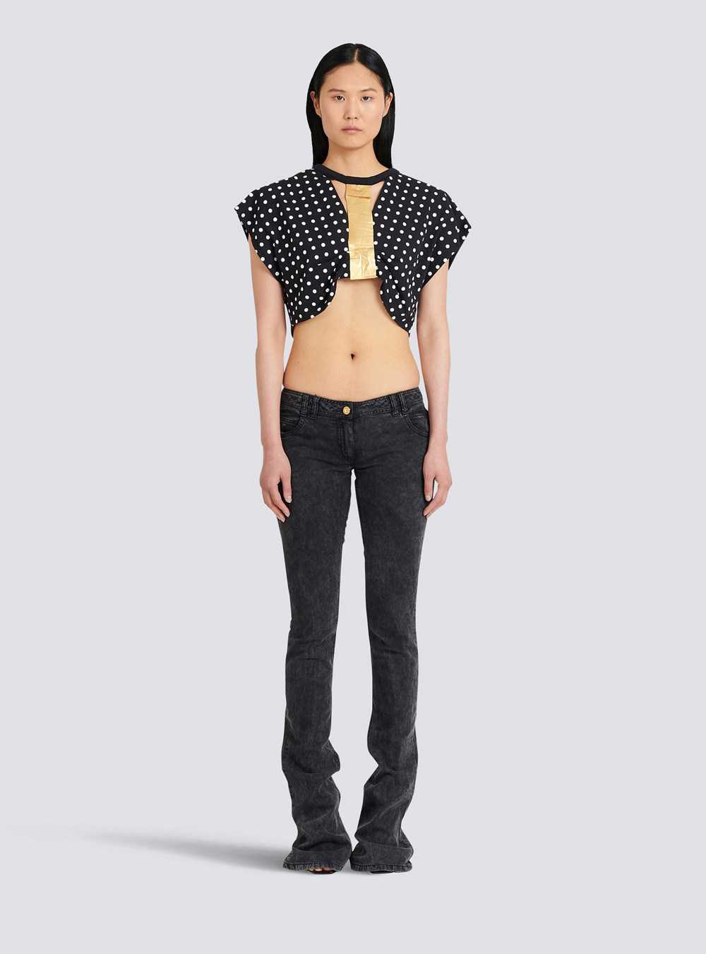 Balmain Cotton Crop Top With Dot Print Black | MSGTIDV-05