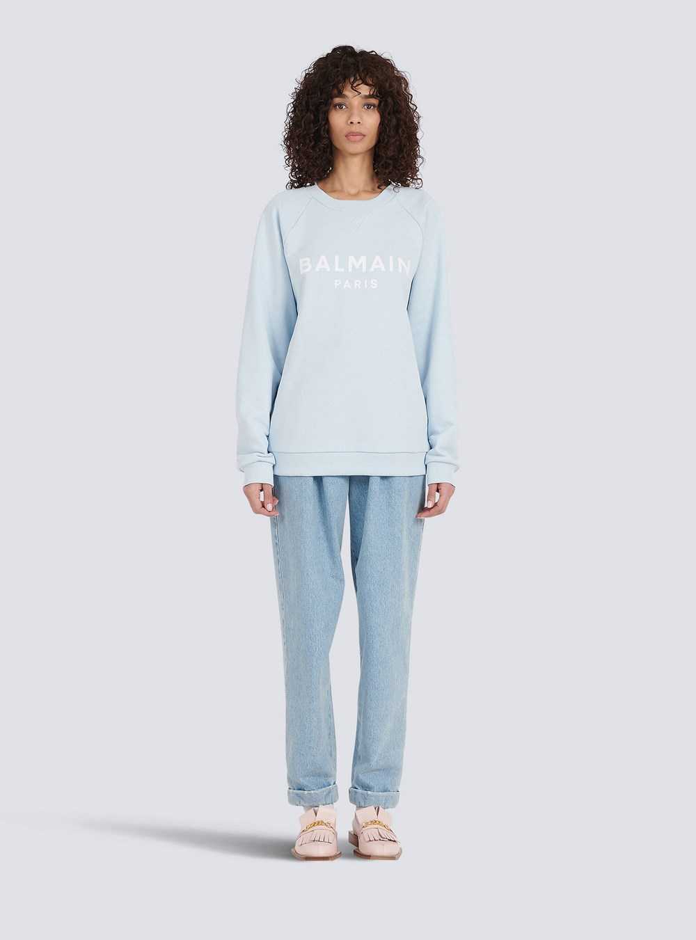 Balmain Cotton Eco-designed Sweatshirt With Flocked Balmain Logo Blue | XJRIOQT-69