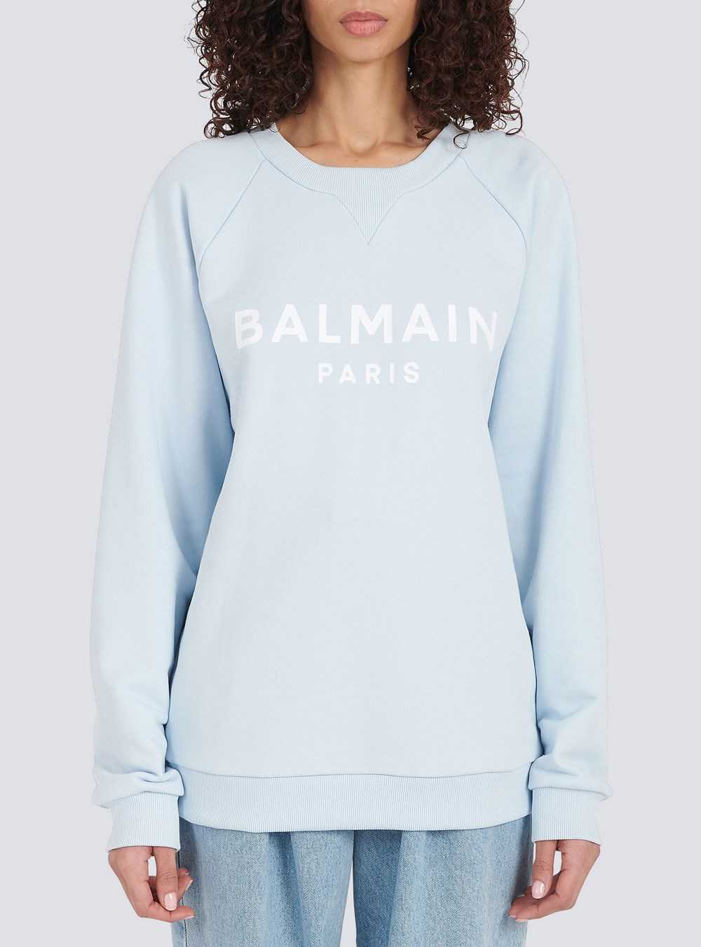 Balmain Cotton Eco-designed Sweatshirt With Flocked Balmain Logo Blue | XJRIOQT-69