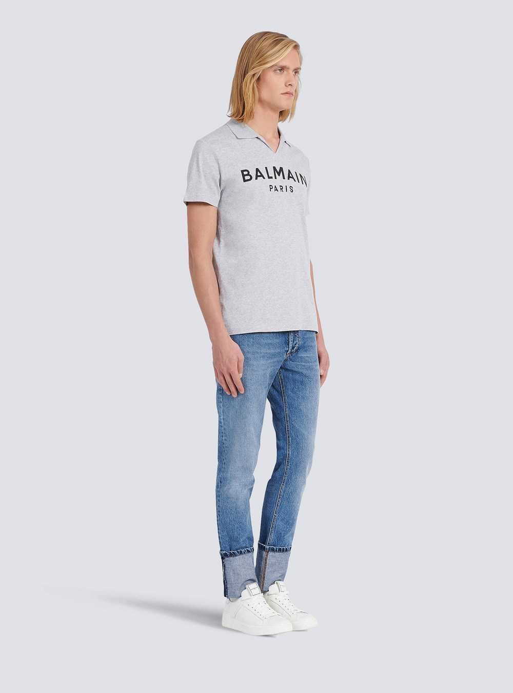 Balmain Cotton Polo With Balmain Logo Print Grey | WXLVPCY-39