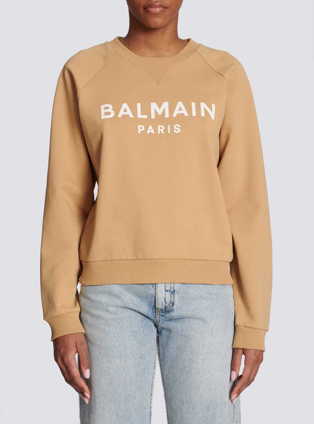 Balmain Cotton Printed Balmain Logo Sweatshirt Brown | XRFLYGB-42