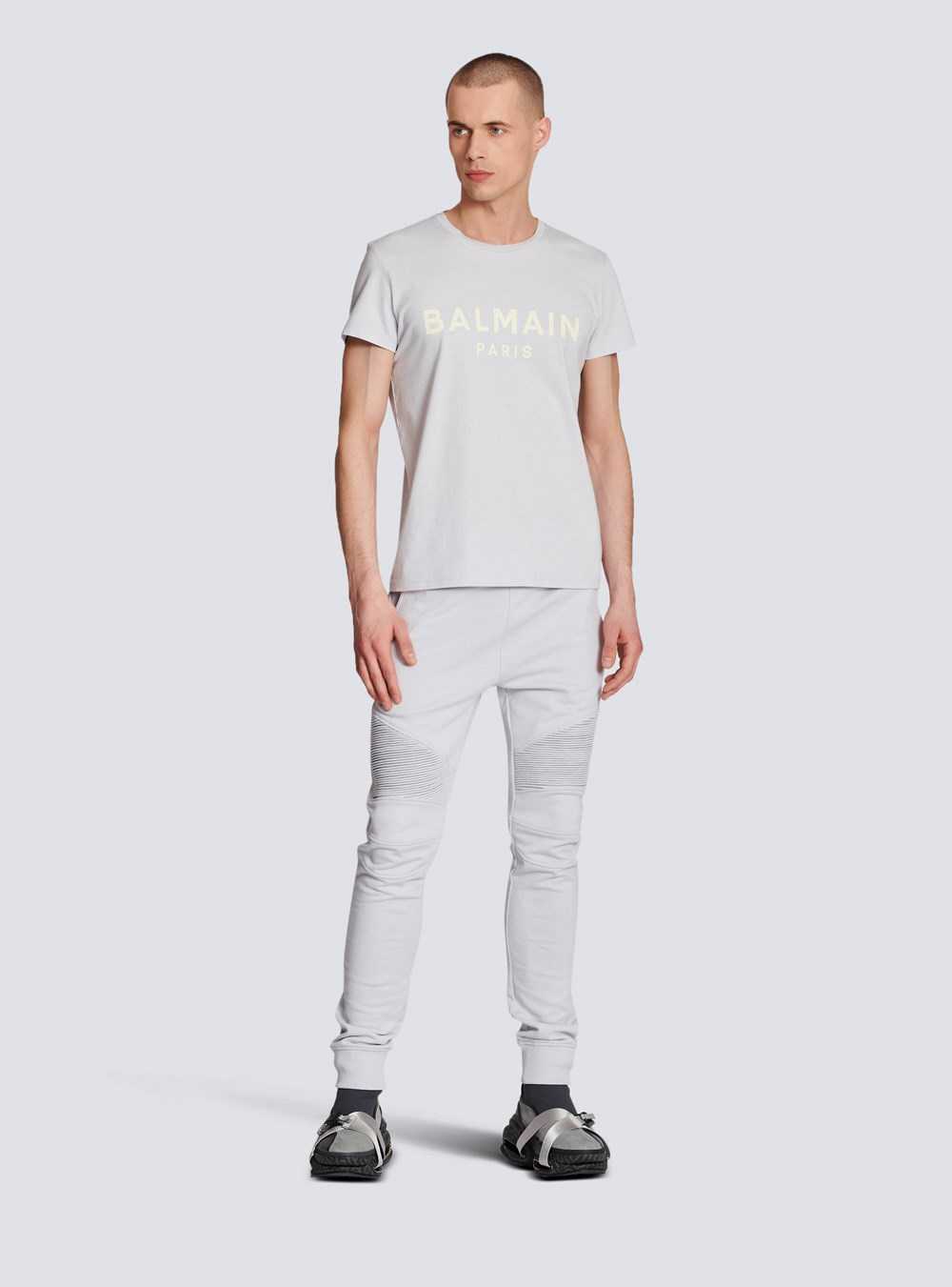 Balmain Cotton Printed Balmain Paris Logo T-shirt Blue | XYHFMSP-38