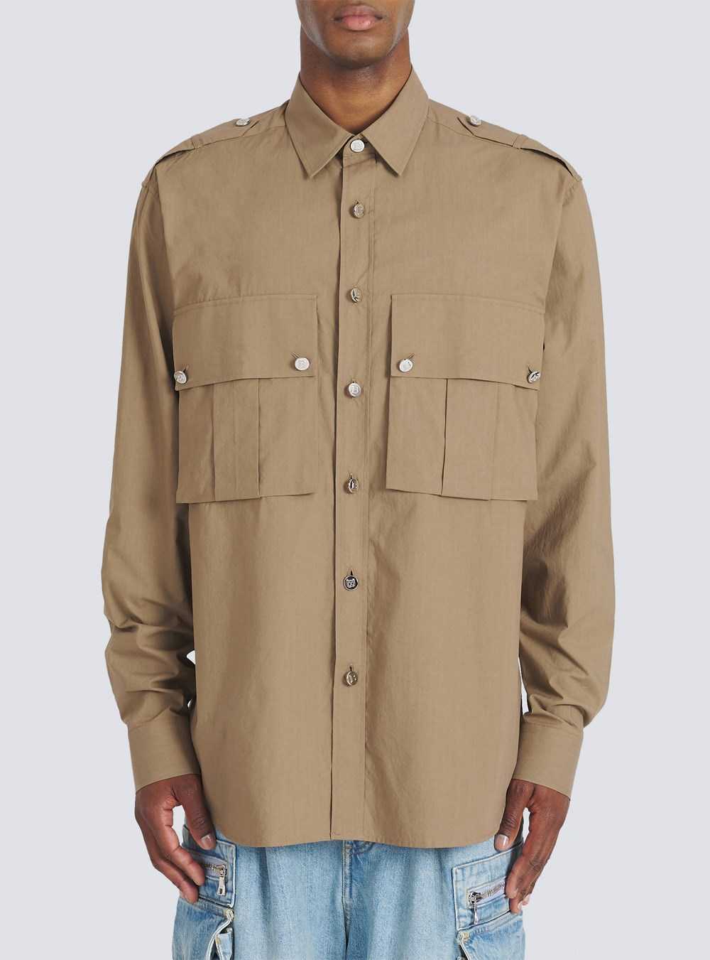 Balmain Cotton Shirt With Balmain Badge Brown | NOJAYZV-52