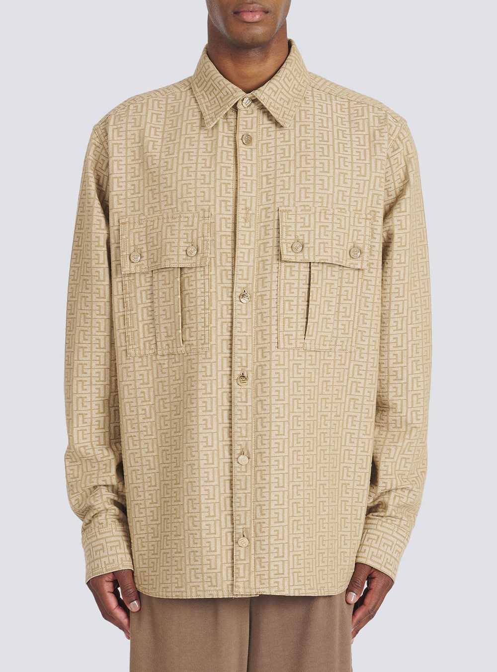 Balmain Cotton Shirt With Balmain Jacquard Monogram Beige | CNTHWLO-16