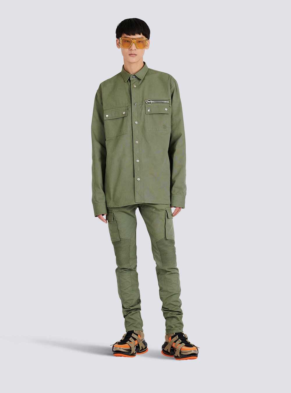 Balmain Cotton Shirt With Embroidered Balmain Logo Khaki | PBREJXU-29