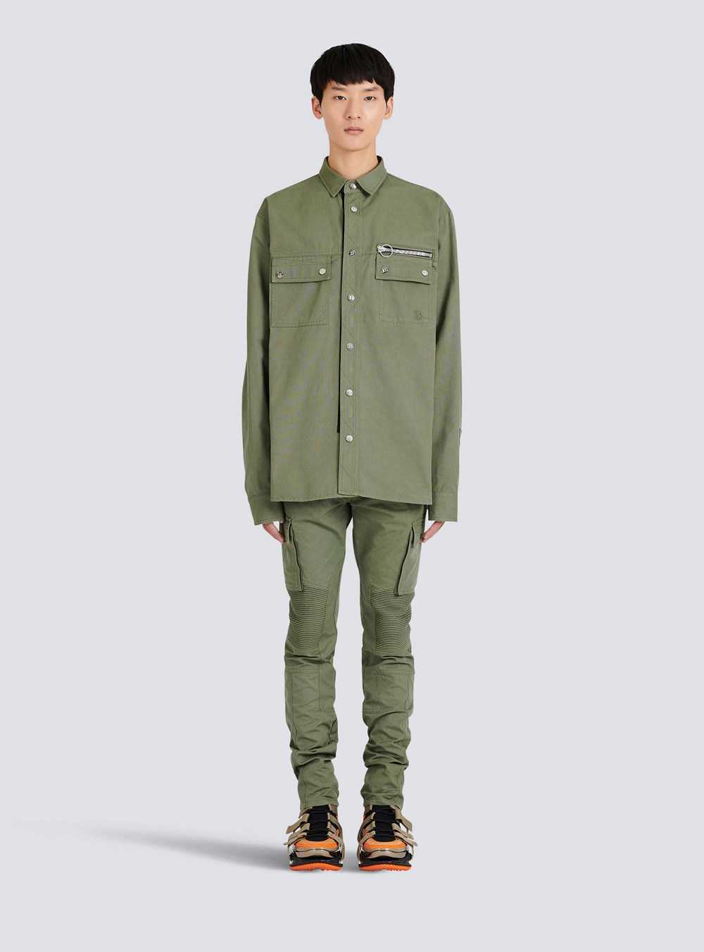 Balmain Cotton Shirt With Embroidered Balmain Logo Khaki | PBREJXU-29