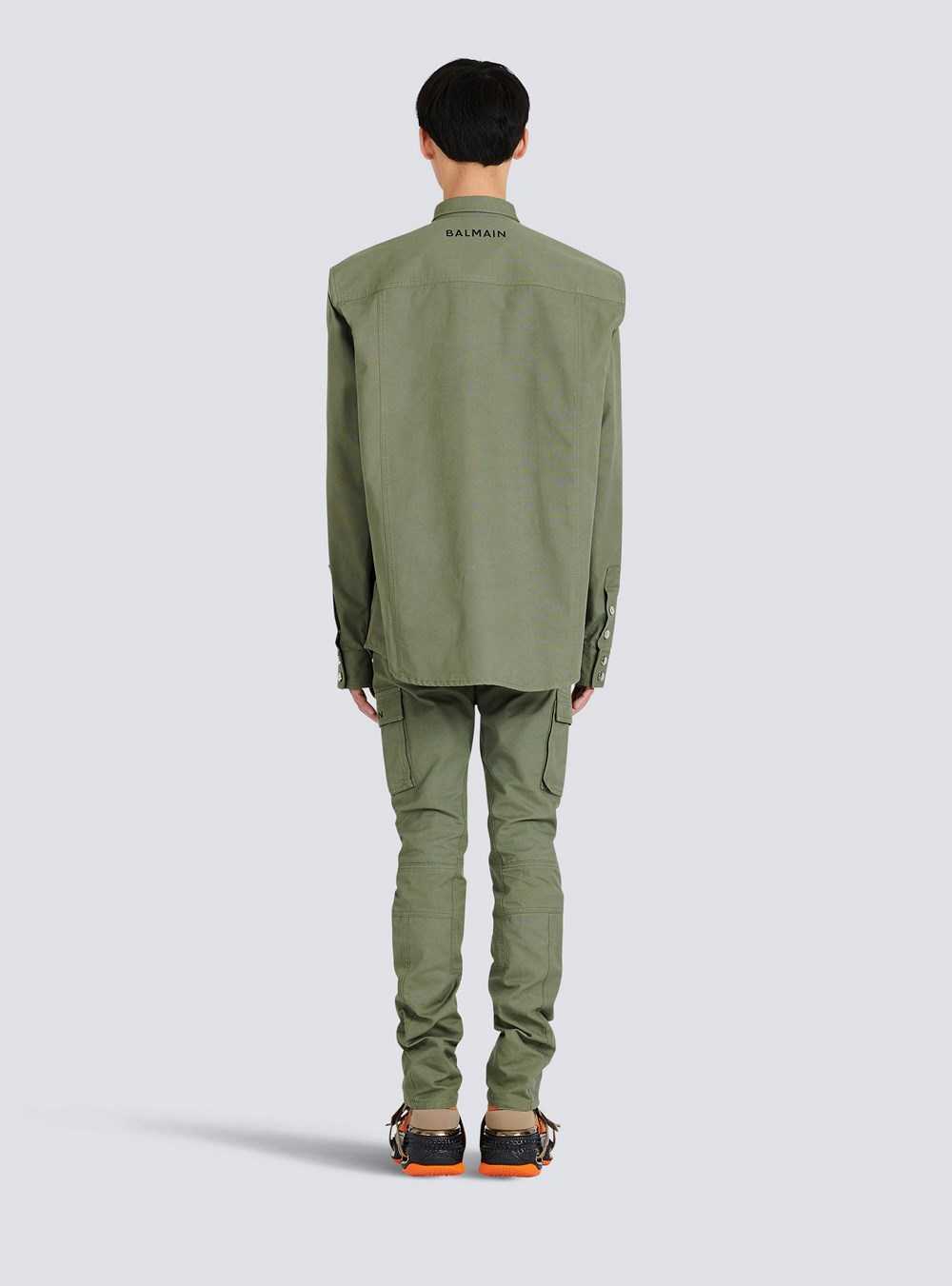 Balmain Cotton Shirt With Embroidered Balmain Logo Khaki | PBREJXU-29