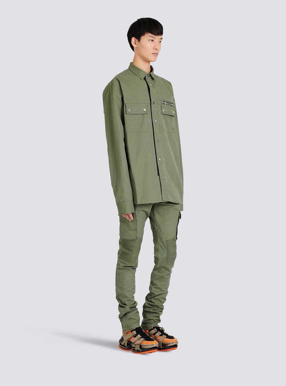 Balmain Cotton Shirt With Embroidered Balmain Logo Khaki | PBREJXU-29