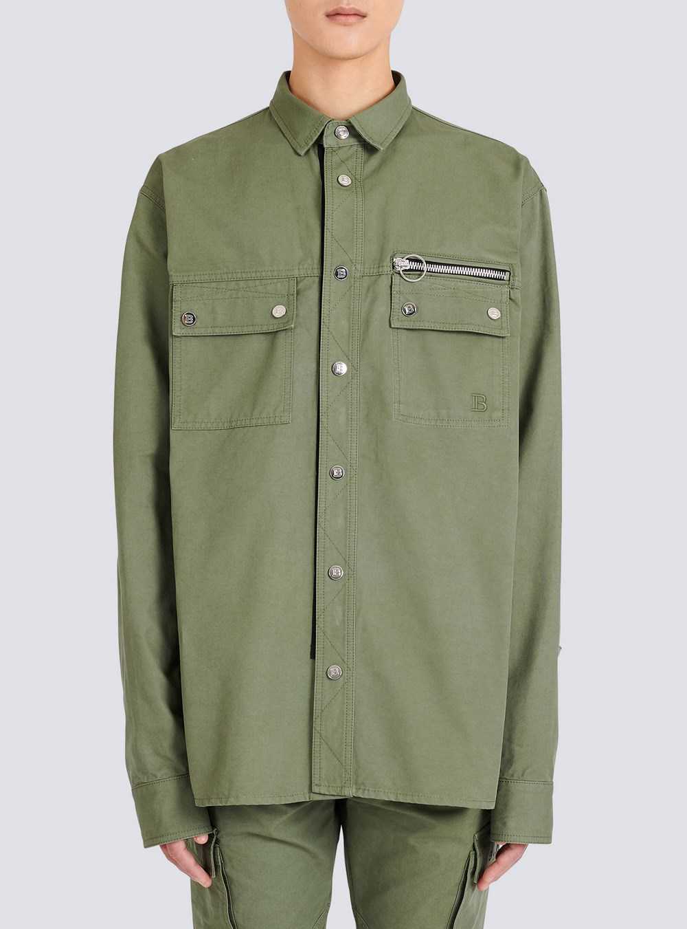 Balmain Cotton Shirt With Embroidered Balmain Logo Khaki | PBREJXU-29