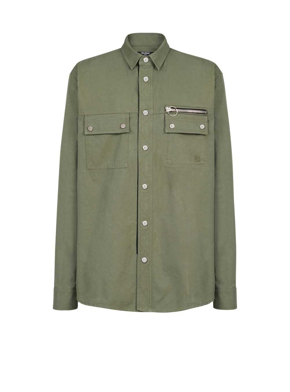 Balmain Cotton Shirt With Embroidered Balmain Logo Khaki | PBREJXU-29