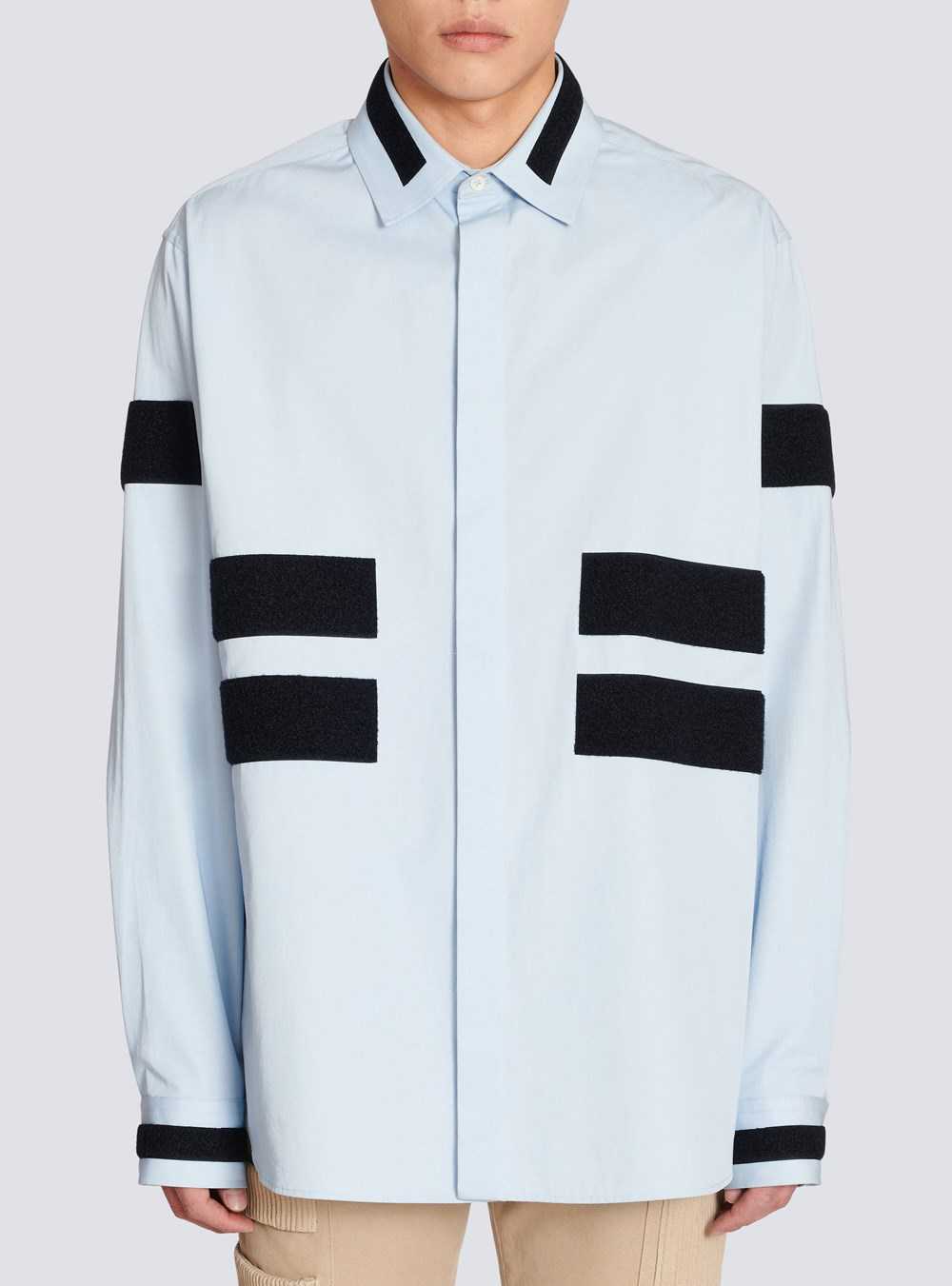 Balmain Cotton Shirt With Velcro Stripes Blue | IHAMJKX-98