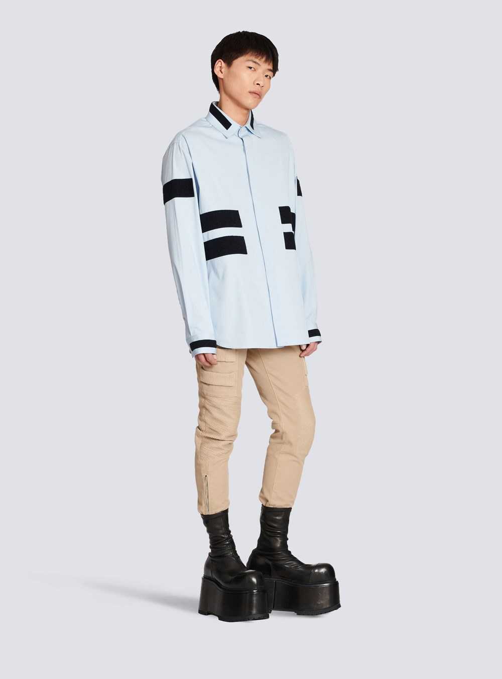 Balmain Cotton Shirt With Velcro Stripes Blue | IHAMJKX-98