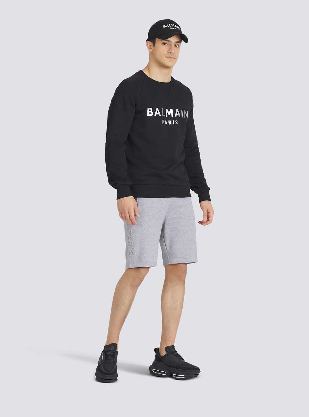 Balmain Cotton Shorts With Embossed Balmain Logo Grey | FJWBUKZ-80