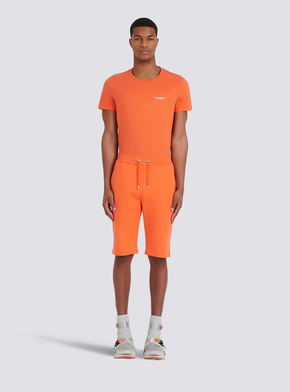 Balmain Cotton Shorts With Flocked Balmain Paris Logo Orange | QWKMSJB-54