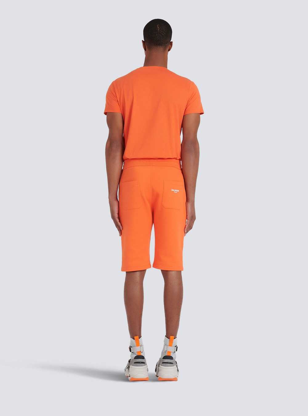 Balmain Cotton Shorts With Flocked Balmain Paris Logo Orange | QWKMSJB-54