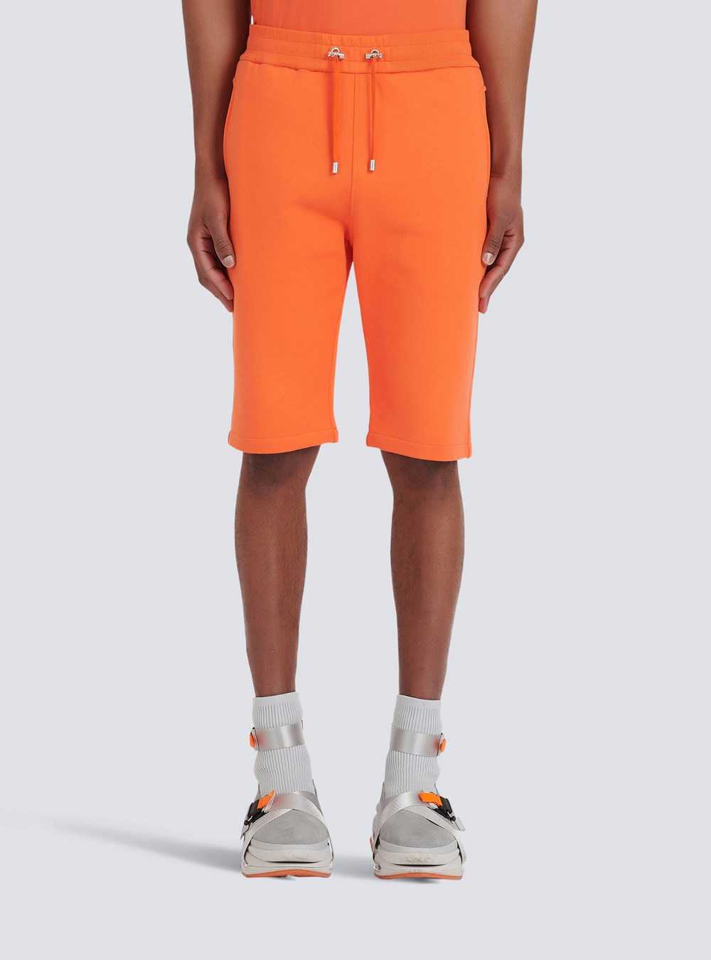 Balmain Cotton Shorts With Flocked Balmain Paris Logo Orange | QWKMSJB-54