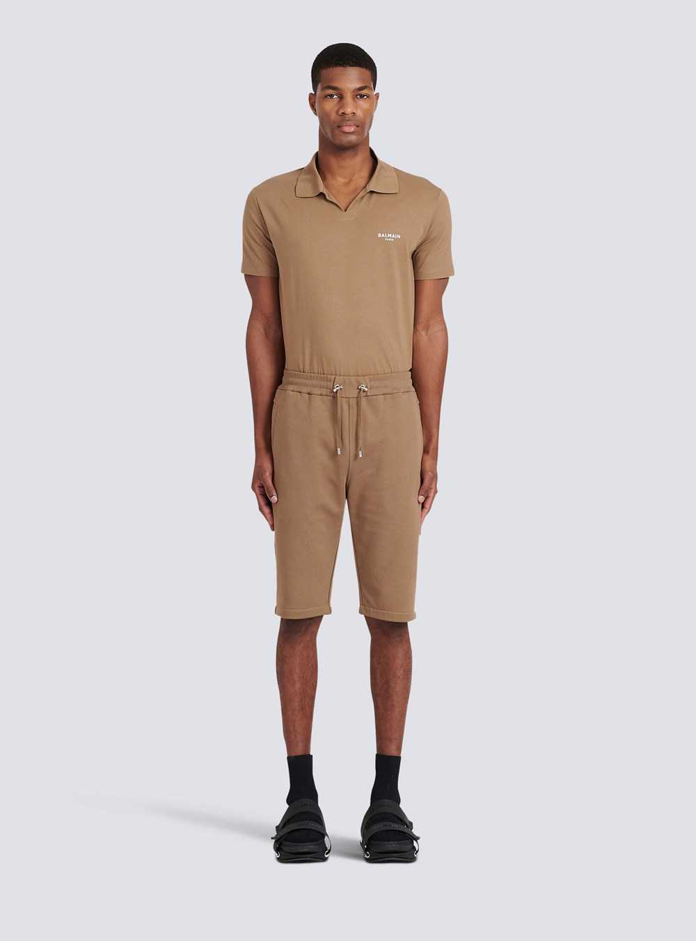 Balmain Cotton Shorts With Flocked Balmain Paris Logo Brown | VHNGTIP-35