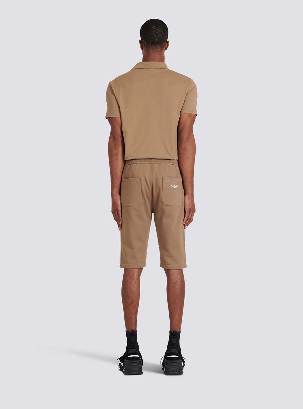 Balmain Cotton Shorts With Flocked Balmain Paris Logo Brown | VHNGTIP-35