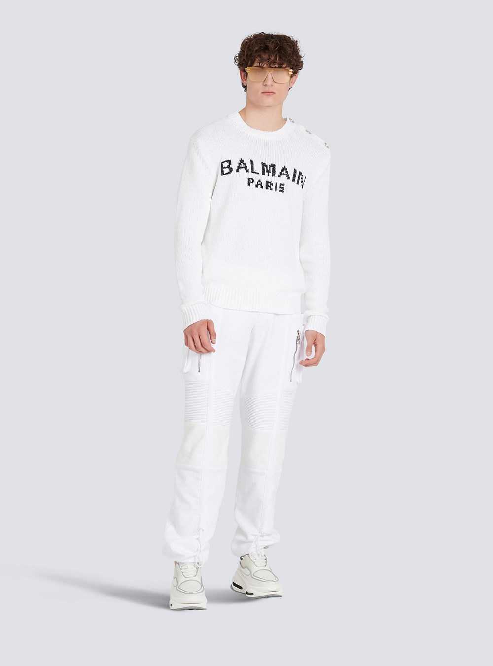 Balmain Cotton Sweater With Embroidered Balmain Paris Logo White | JSKUBWT-83