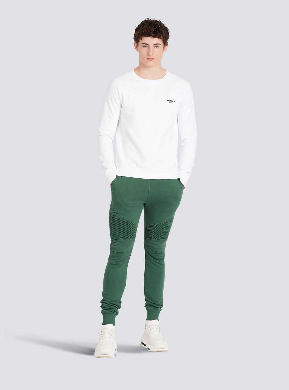 Balmain Cotton Sweatpants With Flocked Balmain Paris Logo Green | EDLHOWP-89