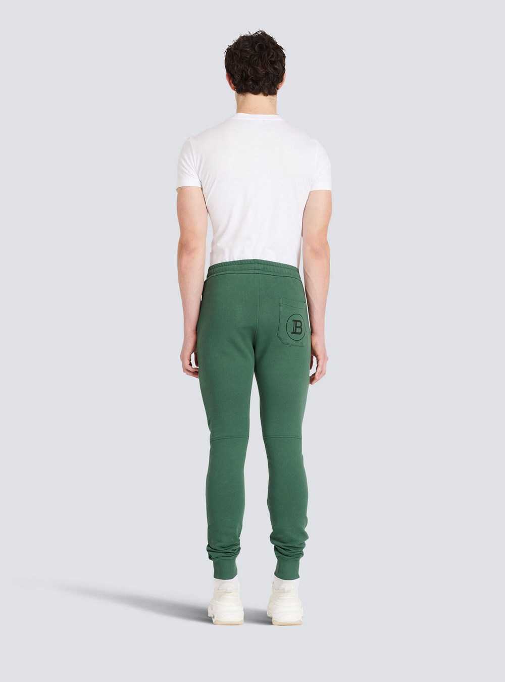 Balmain Cotton Sweatpants With Flocked Balmain Paris Logo Green | EDLHOWP-89