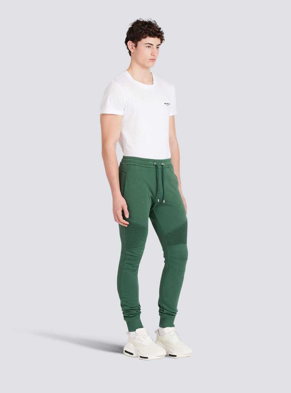 Balmain Cotton Sweatpants With Flocked Balmain Paris Logo Green | EDLHOWP-89